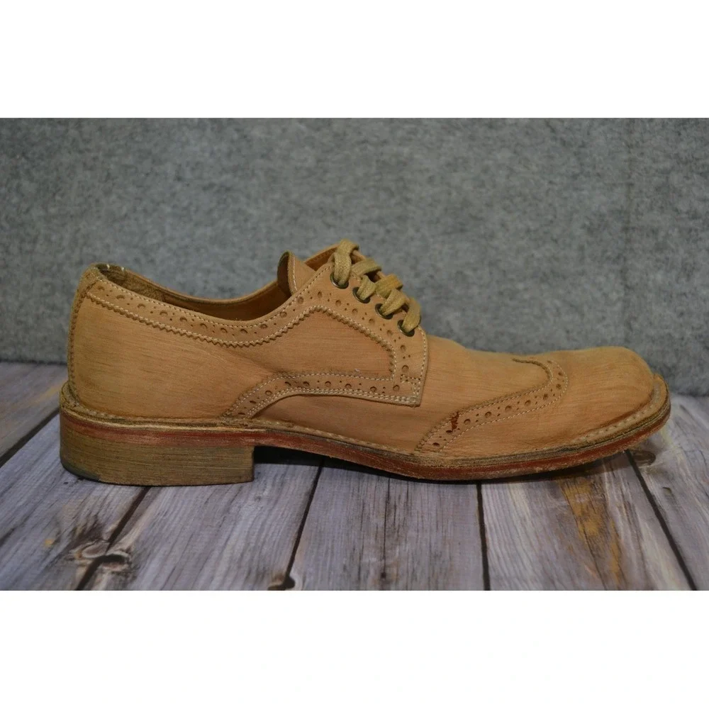 John Varvatos Shoes Mens 8.5 Beige Leather Wingtip Brogue Dress‎ Handmade Italy